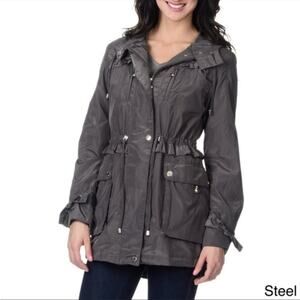 Betsey Johnson Ruffle Anorak with Faux Fur Zip-Out Lining Women's M Gray
